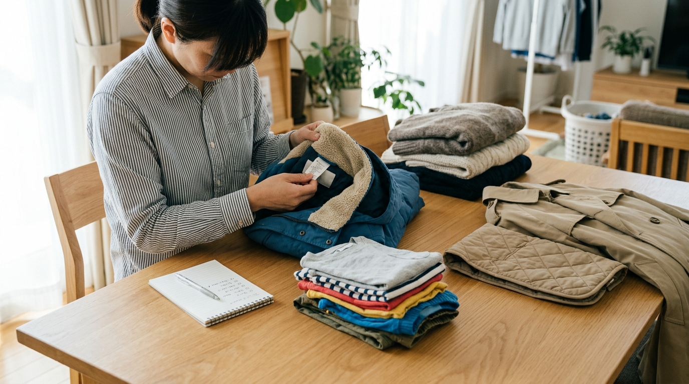 家族分の衣類を宅配クリーニング用に仕分けるイメージ