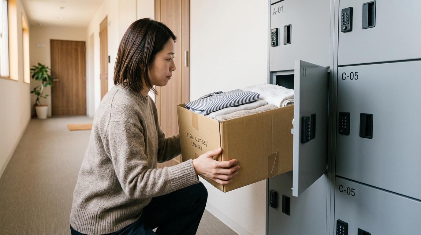 宅配ボックスのサイズとクリーニング後の梱包箱の大きさを照らし合わせる様子