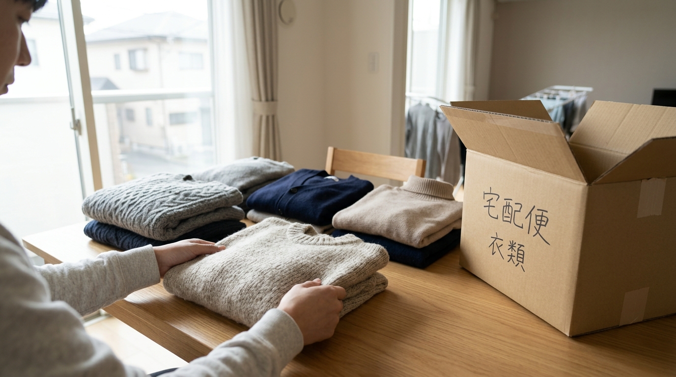 冬物の衣類を保管サービスに出すために仕分けして整理している様子