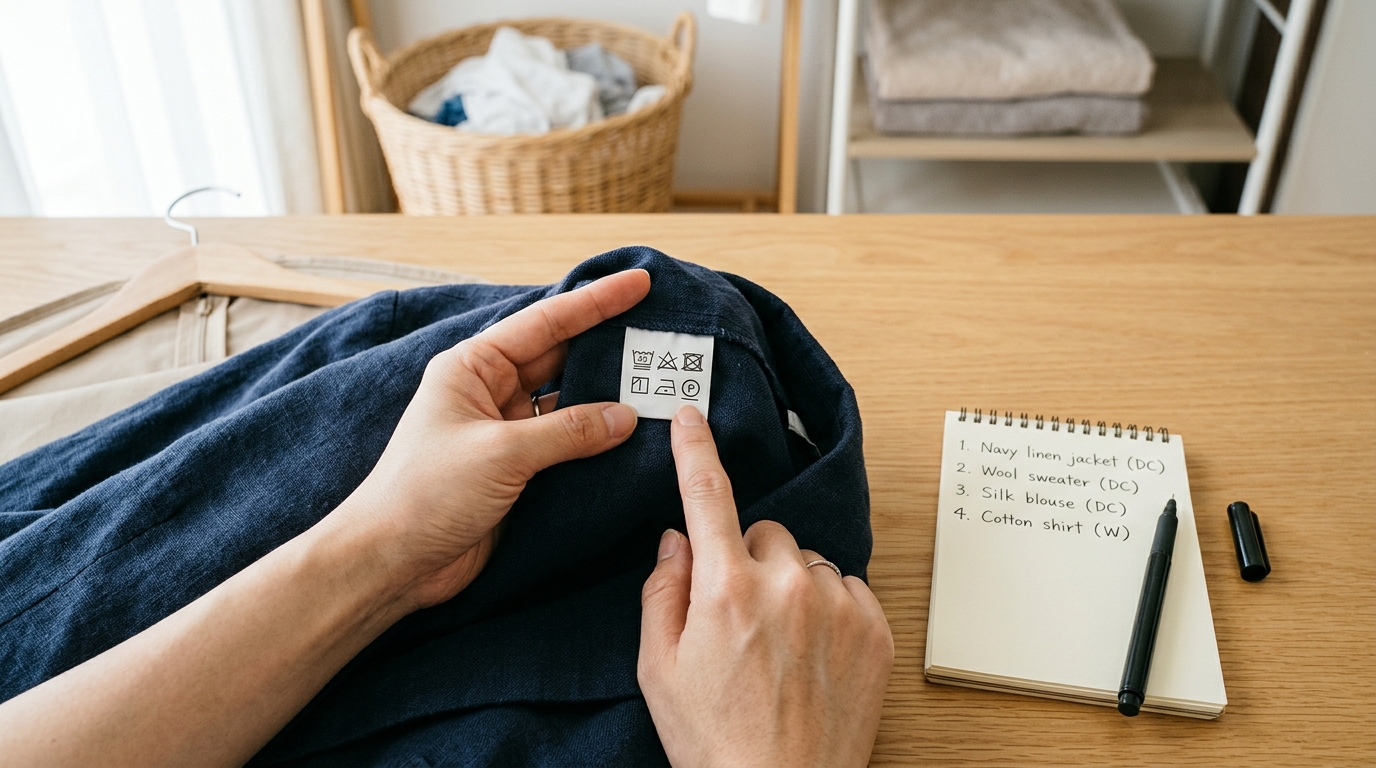 衣類の洗濯表示タグと素材を確認してクリーニングに出す準備をしている様子