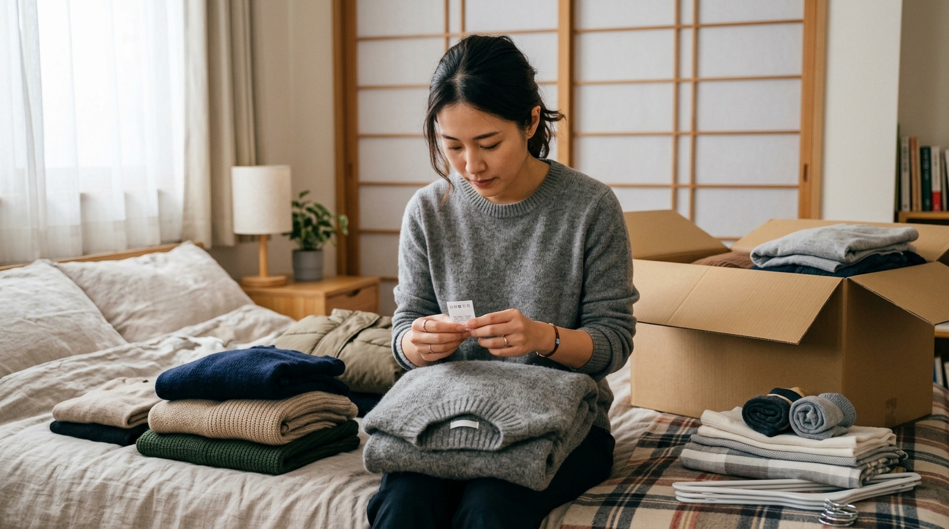 冬物衣類を保管前に仕分けしている様子