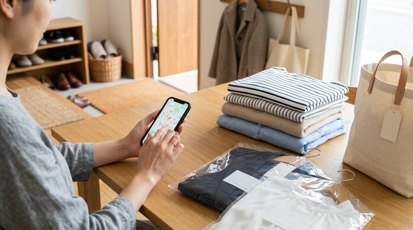 デリバリークリーニングの集荷方法と対応エリアをスマートフォンで確認している様子