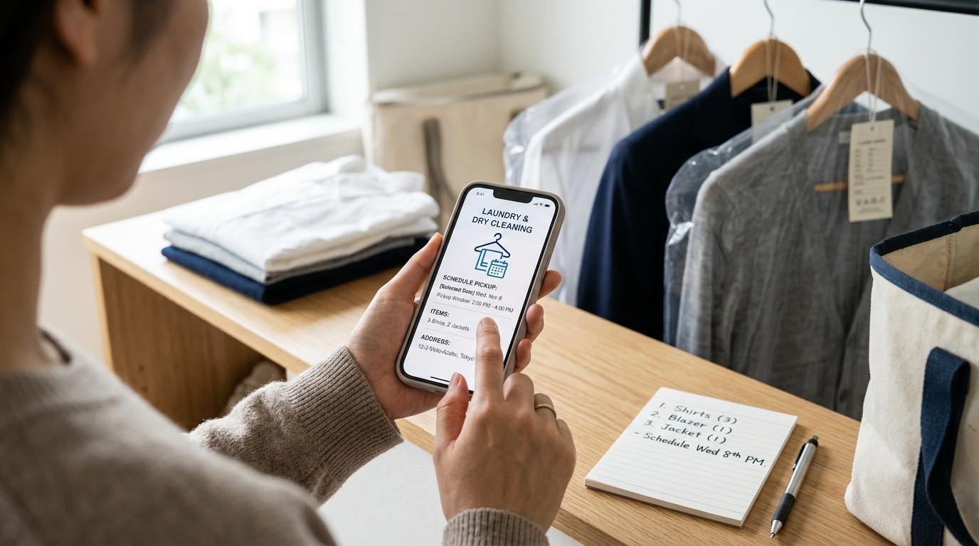 スマートフォンを使って宅配クリーニングを注文し、集荷日時を選択している様子