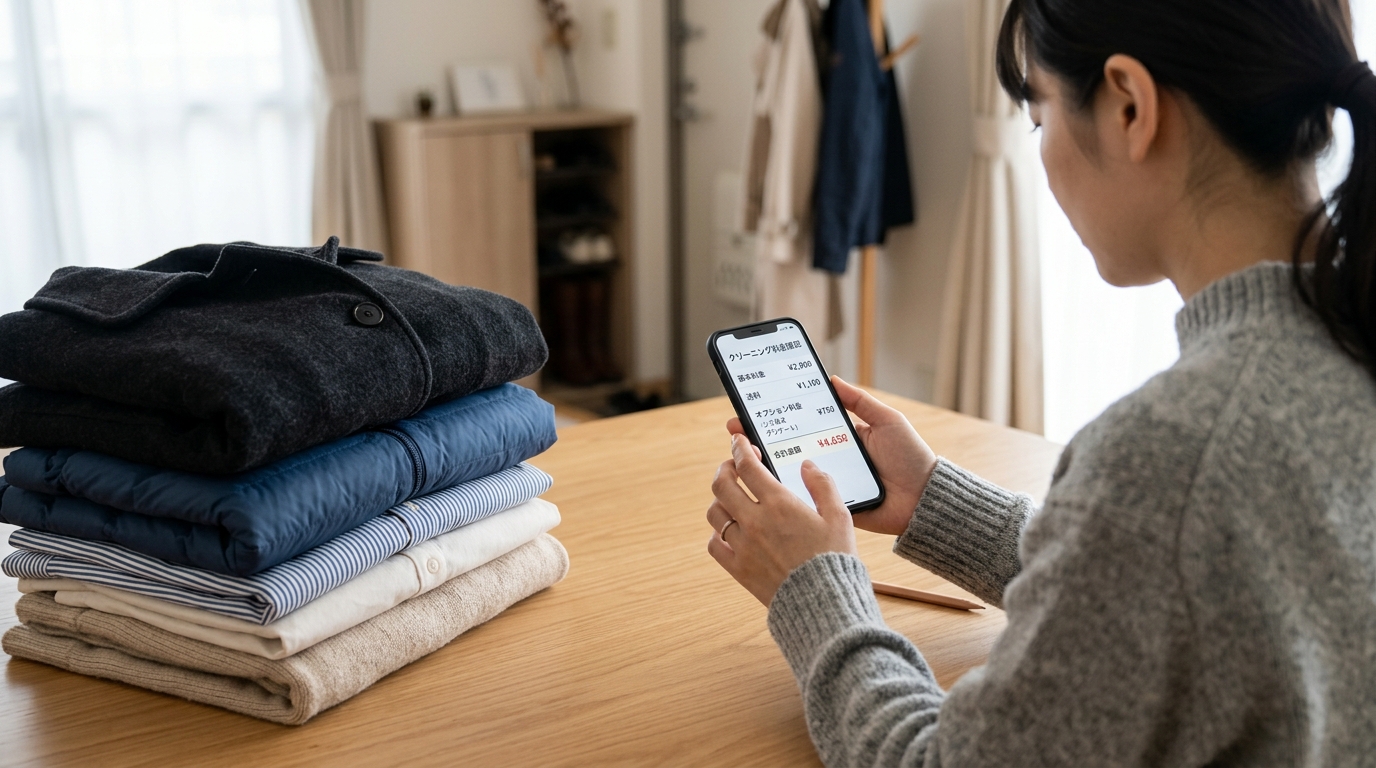 宅配クリーニングの料金項目と衣類の点数をスマートフォンで確認しているイメージ