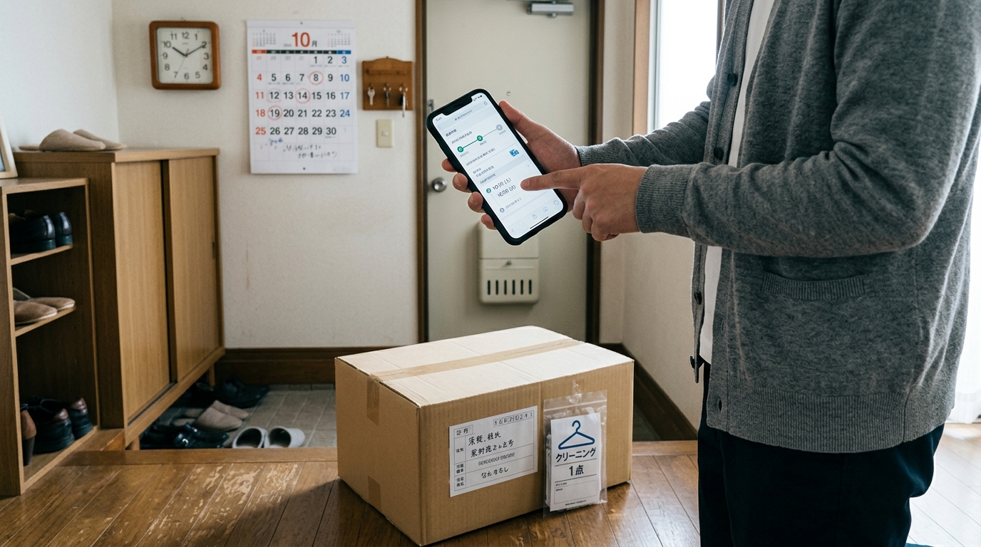 自宅で集荷された宅配クリーニングの箱を前に、スマートフォンで返却までの日数を確認している様子