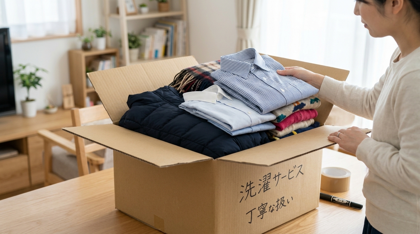 日本の家庭のリビングで、母親が共働き家族全員分の衣類(コート、シャツ、子供服など)を、宅配クリーニングの集荷用段ボールに丁寧に詰めている様子。手元と衣類にフォーカスした、清潔感のあるスナップ写真。