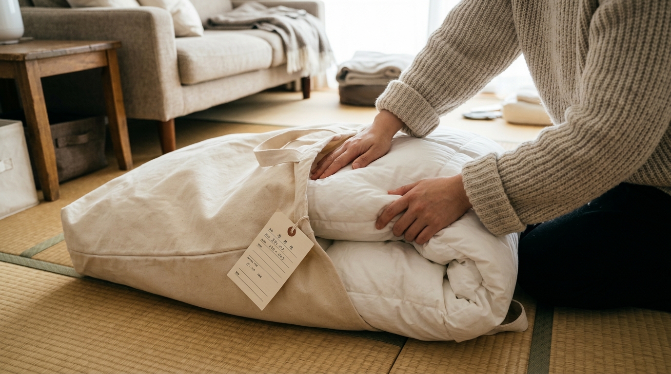 布団を宅配クリーニング用の専用キットに梱包する様子