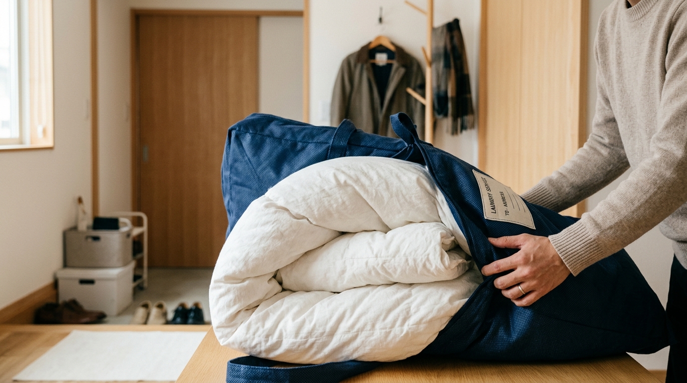 自宅の床で布団を折りたたみ、宅配クリーニング用の配送バッグに丁寧に詰めている様子