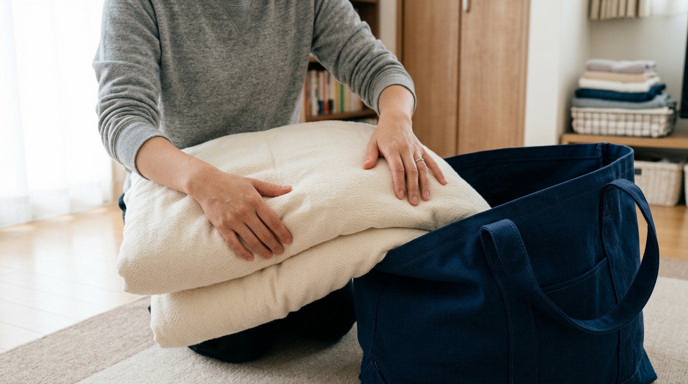 自宅で宅配クリーニング用の集荷バッグにこたつ布団を梱包している様子