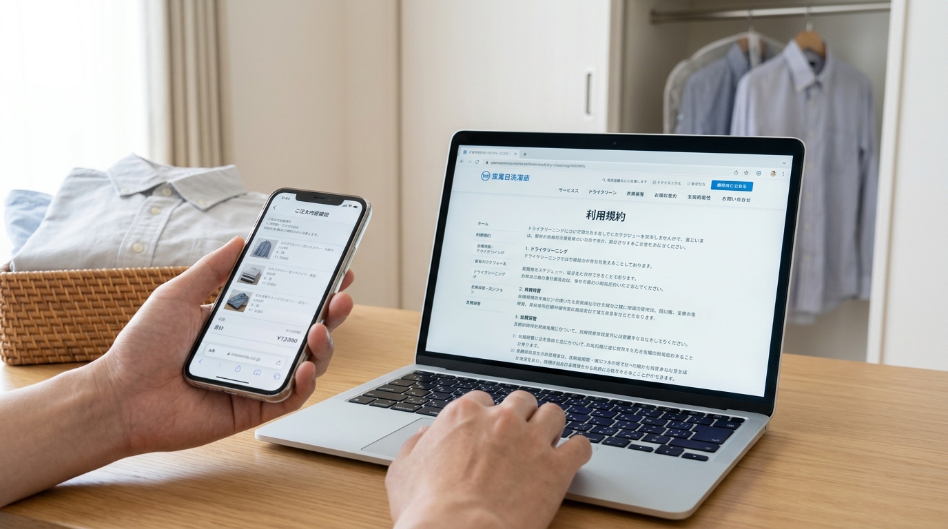 スマートフォンとPCで楽天の注文画面と公式サイトのサービス規定を比較している様子