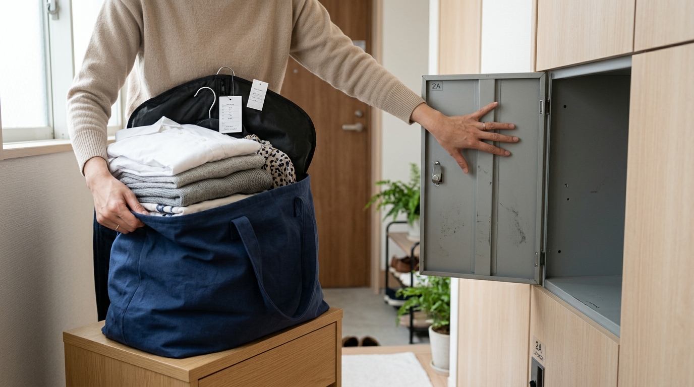 宅配ボックスのサイズとクリーニングの荷姿を照らし合わせる様子
