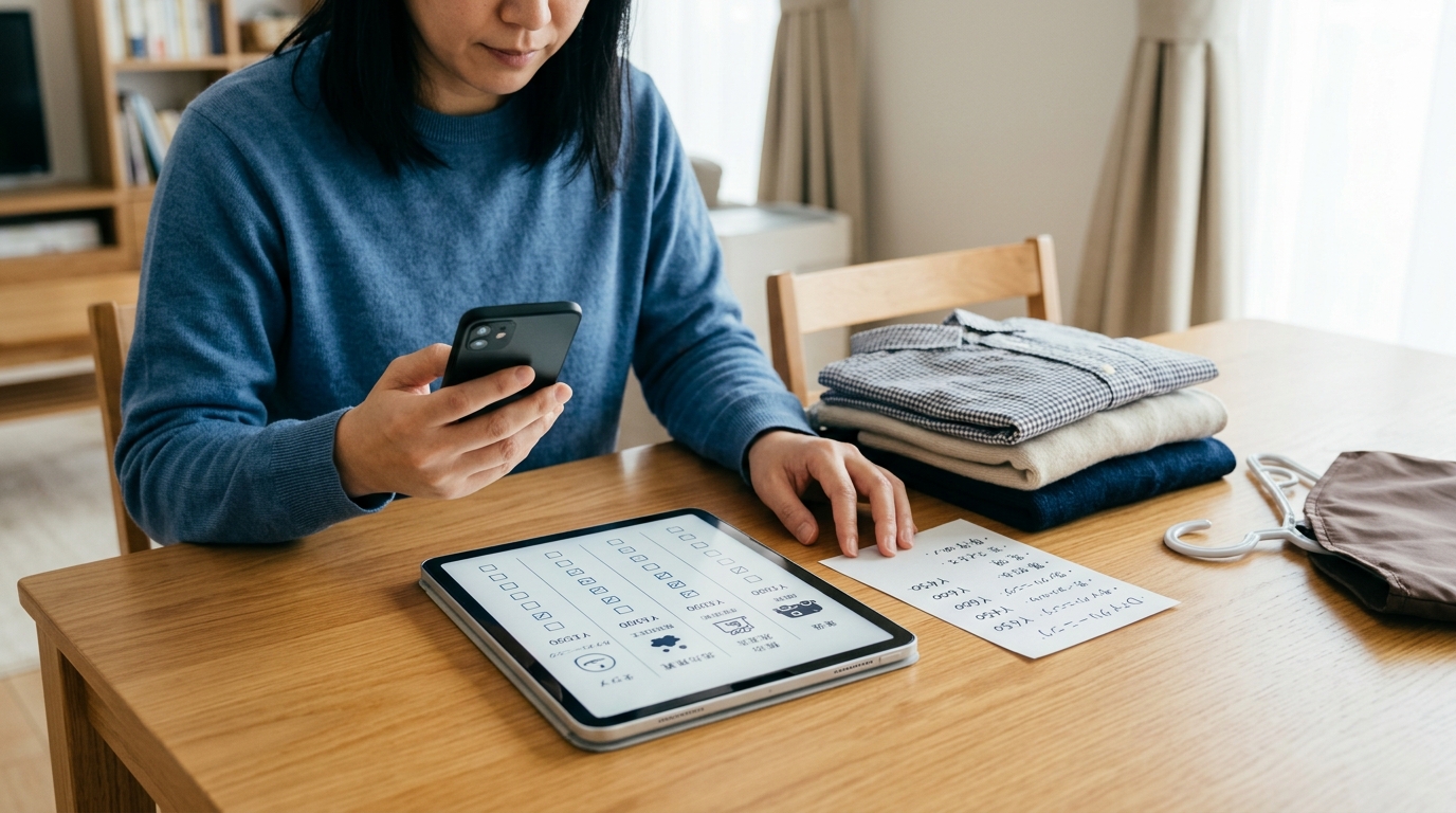 宅配クリーニングの料金体系や項目をスマートフォンやタブレットで確認している様子
