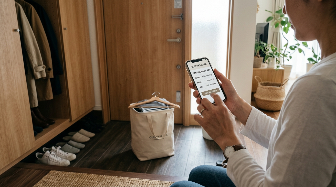 一人暮らしの女性がスマホで宅配クリーニングの集荷や受け取り方法を確認しているイメージ