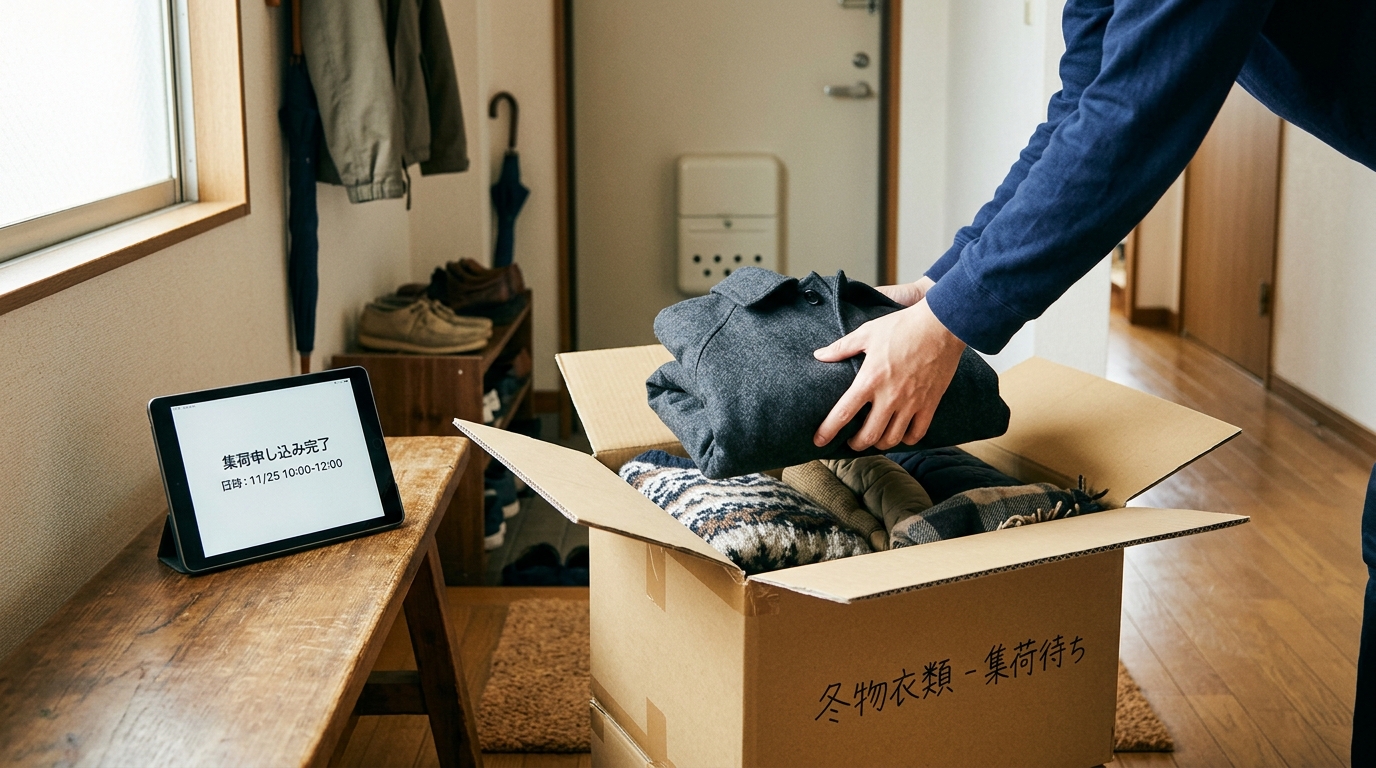 宅配クリーニングの申し込み完了から、自宅での荷造り、集荷業者への受け渡し、そして返却までの一連の流れを示すステップチャート風の画像