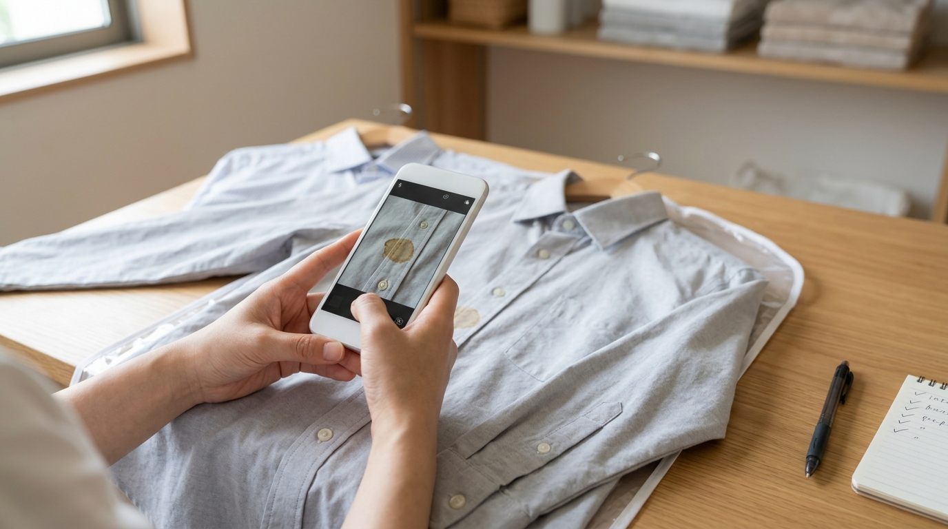 クリーニングに出す前のシャツのシミをスマートフォンで撮影して記録している様子