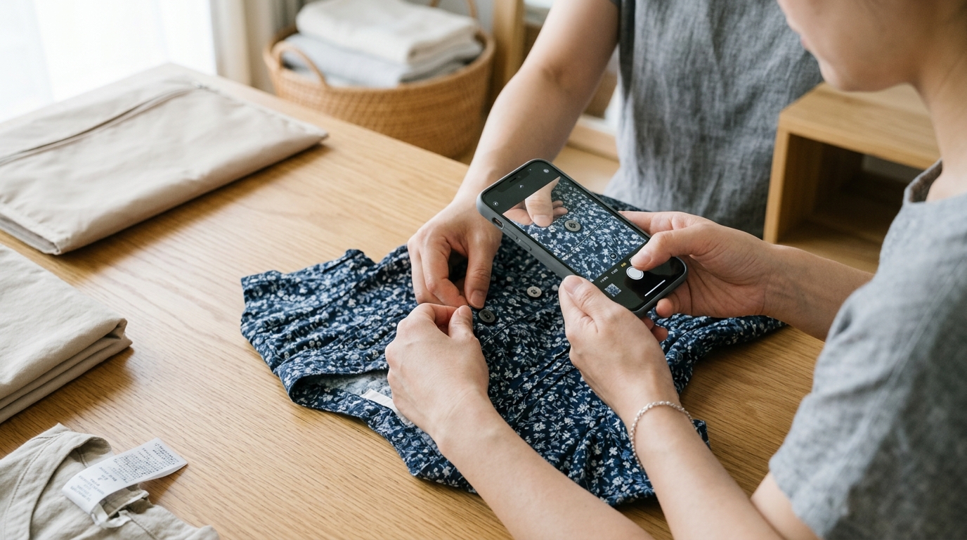 クリーニングに出す前の衣類の状態をスマートフォンで記録している様子