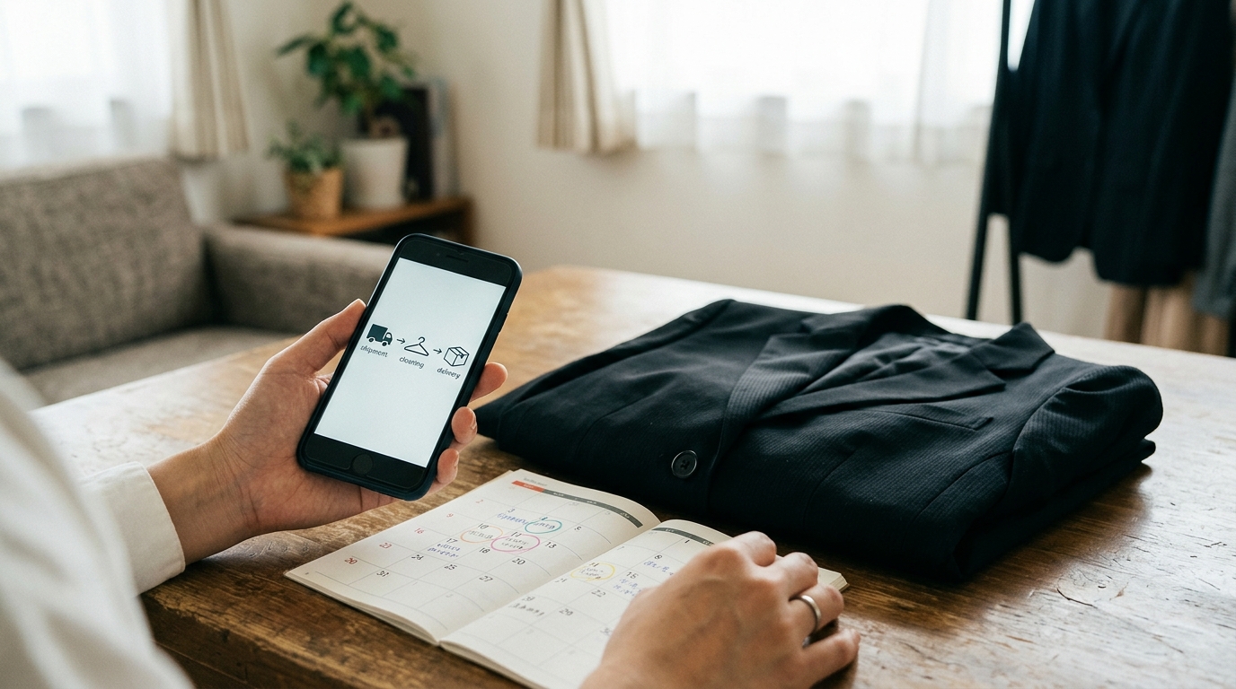 スマホでスケジュール画面を見ながらカレンダーを確認し、礼服のクリーニング日程を検討する様子
