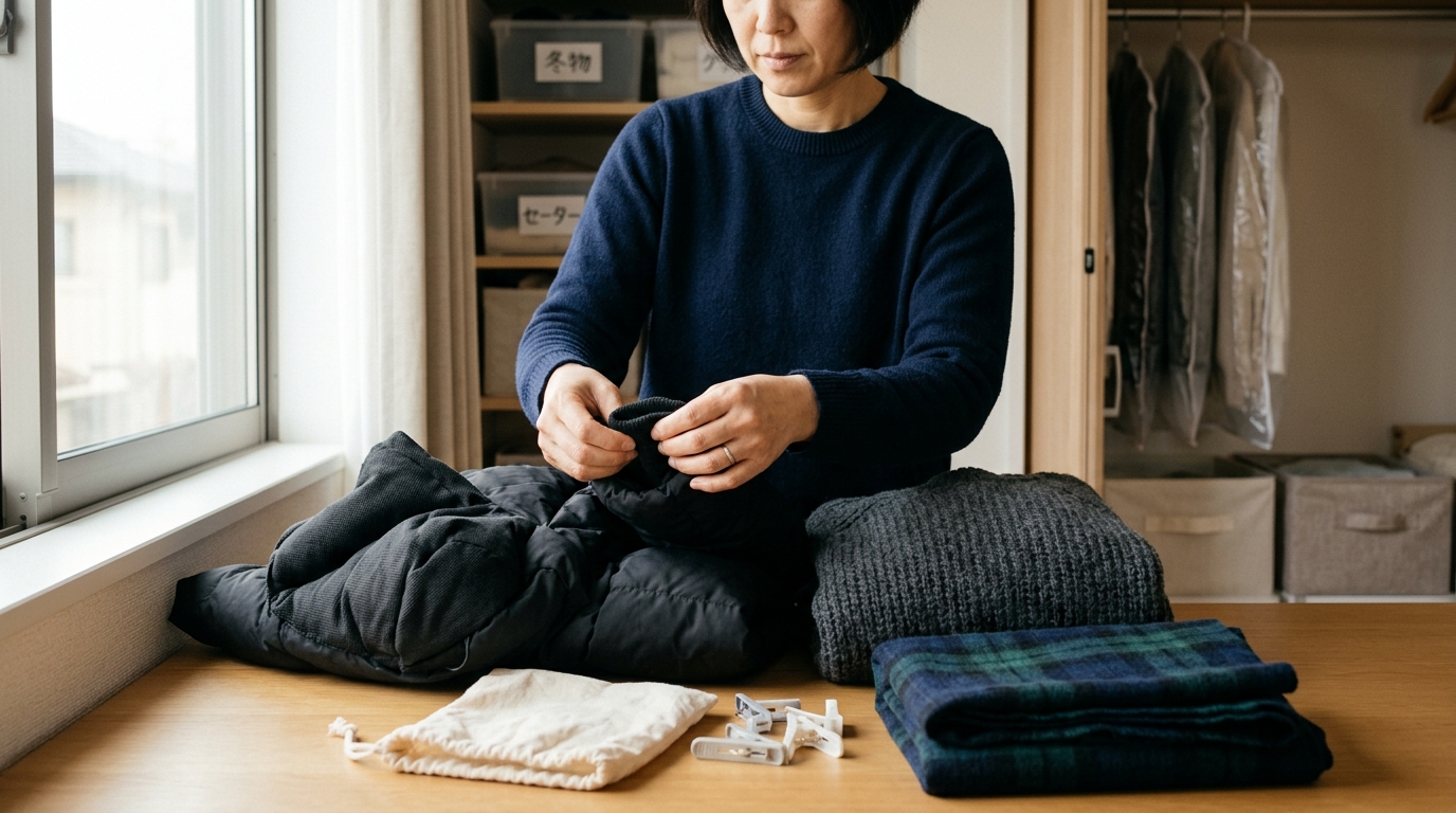 冬物衣類を保管前に仕分けるイメージ