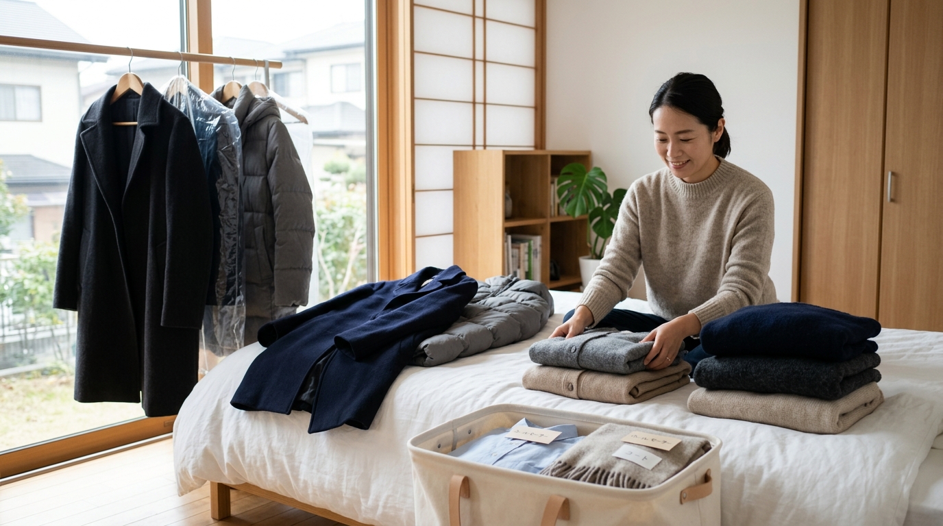 冬物の衣類を保管サービスに出すために仕分けをしている様子