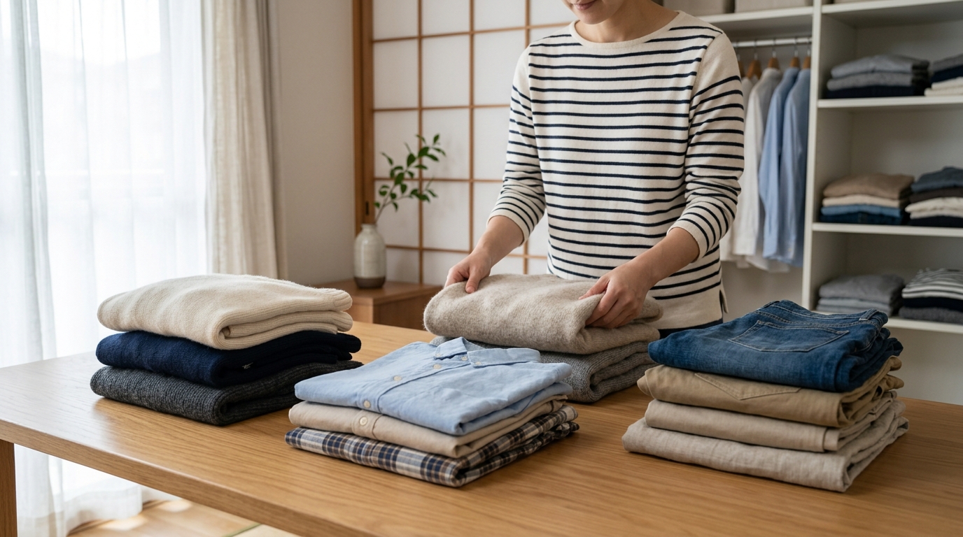 家族分の衣類を宅配クリーニング用に仕分ける様子