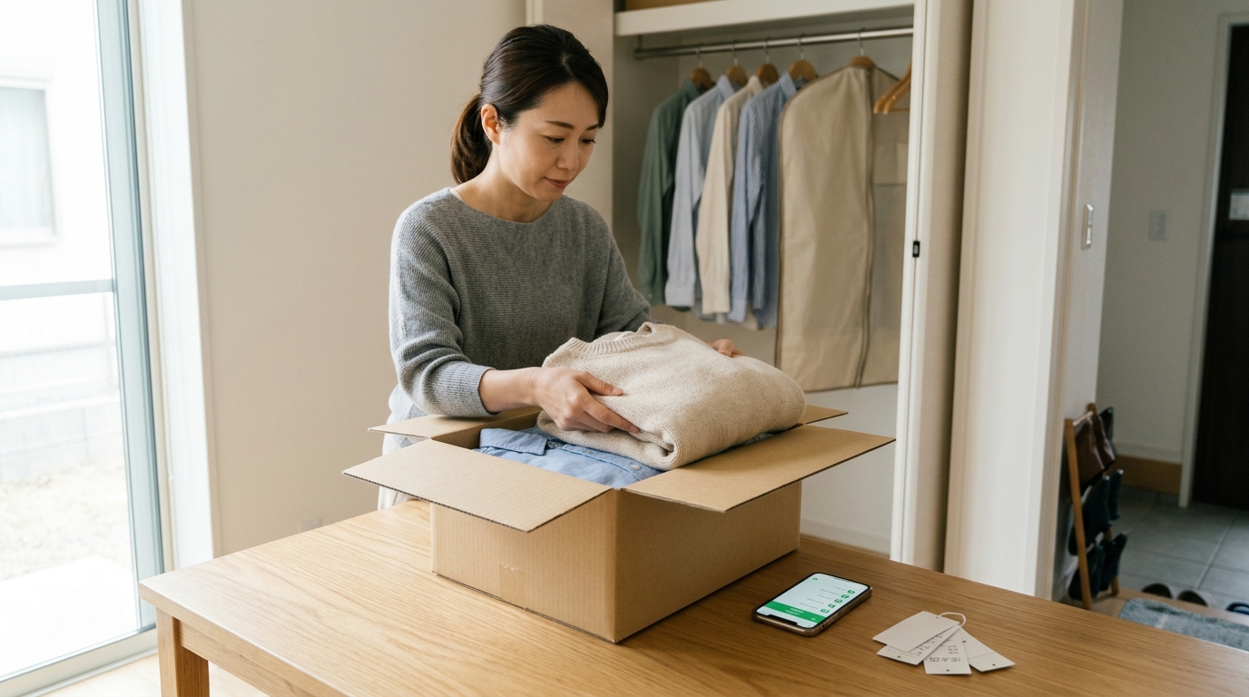 自宅で衣類を梱包し配送業者に渡すまでの流れを整理したイメージ