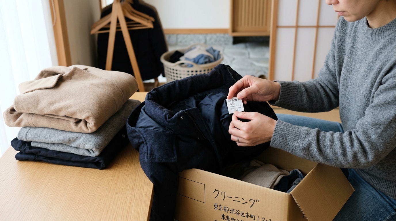 保管付きクリーニングに出す前に冬物衣類を仕分けして状態をチェックしている様子